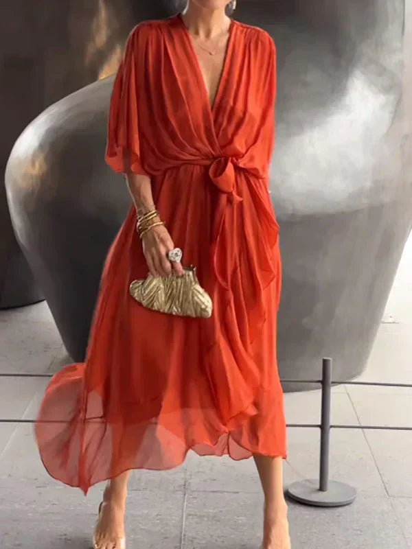 Elegant Wrap Tie Waist Midi Dress | Women | Wrap Front V-Neck | Waist Defining Fit | Wedding Guest & Evening Dress | Steven & Levon