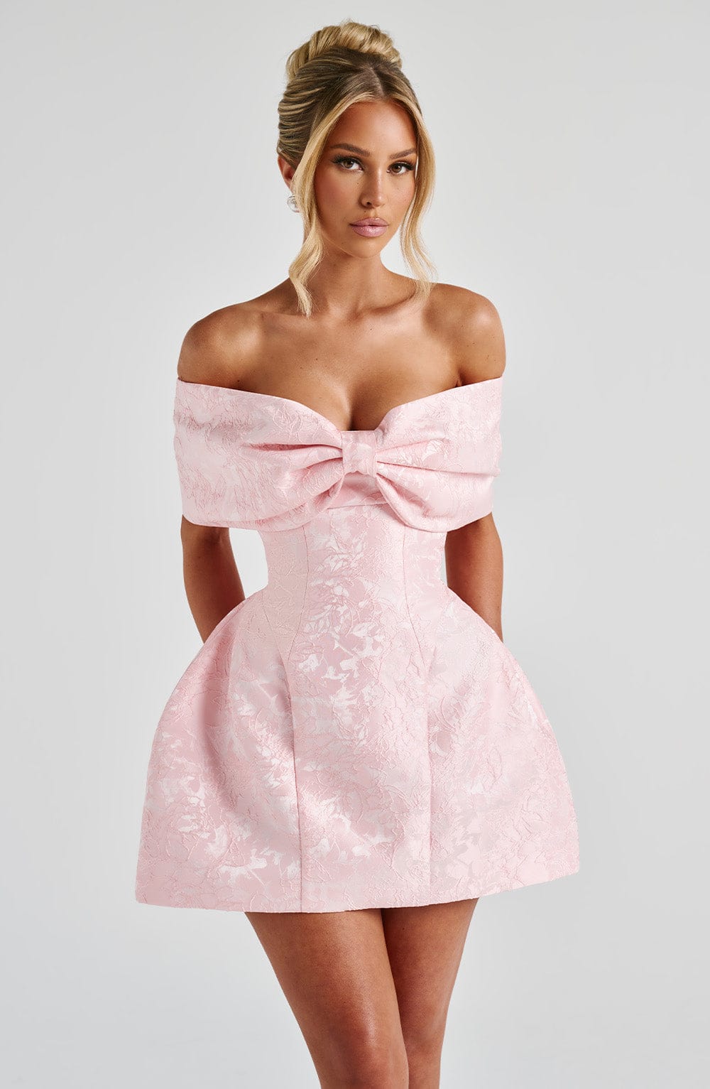 Women’s Off Shoulder Bow Bardot Mini Dress | Structured Fit | Tulip Skirt & Lace-Up Back | Steven & Levon