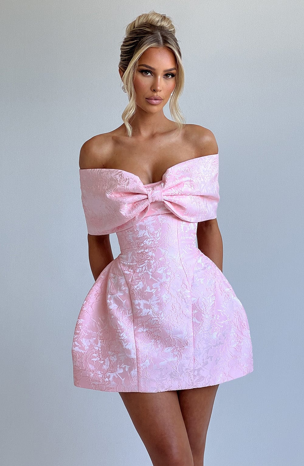 Women’s Off Shoulder Bow Bardot Mini Dress | Structured Fit | Tulip Skirt & Lace-Up Back | Steven & Levon