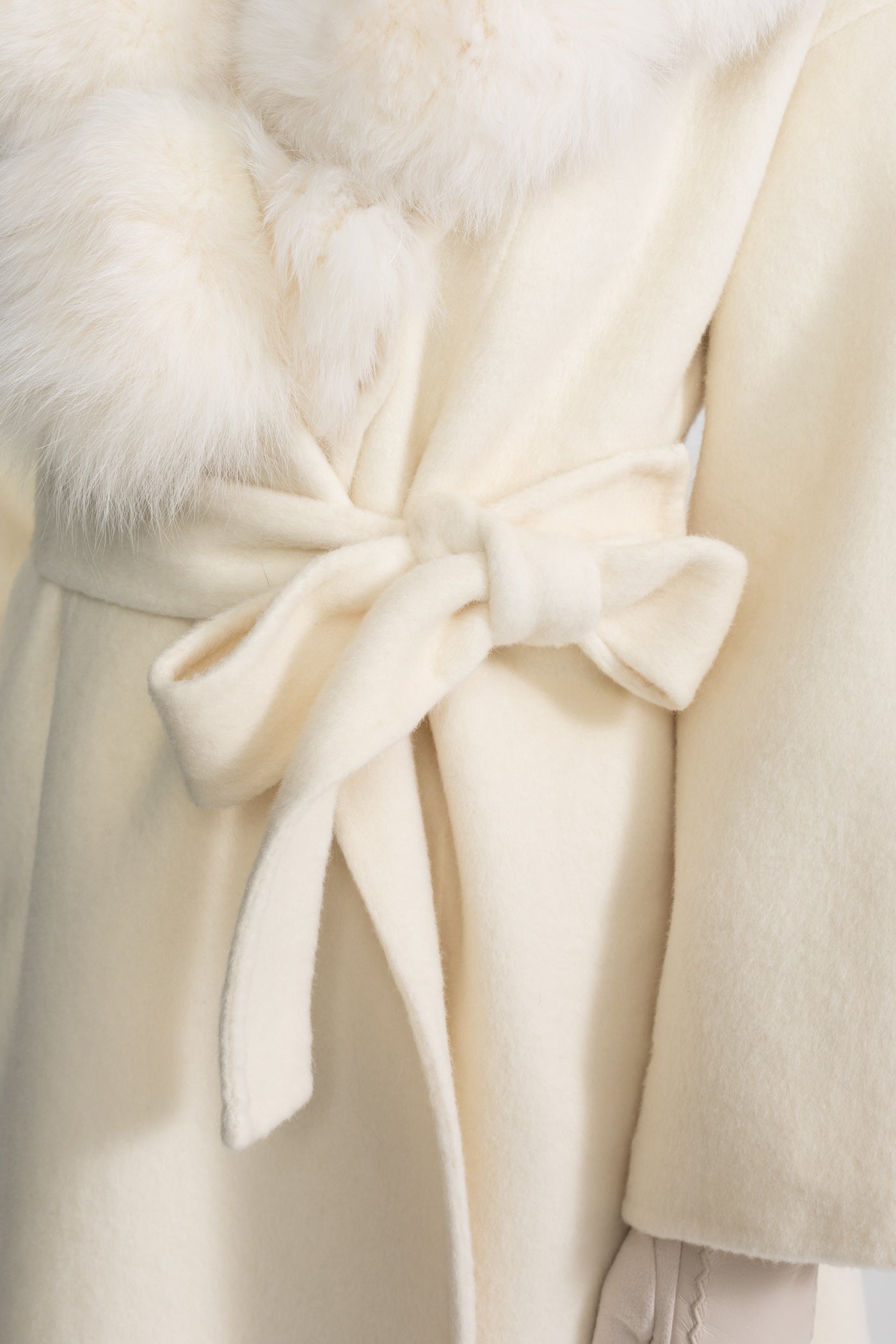 Women's Wool Wrap Coat | Fox Fur Collar | Tie Belt | Ivory Winter Coat | Steven & Levon