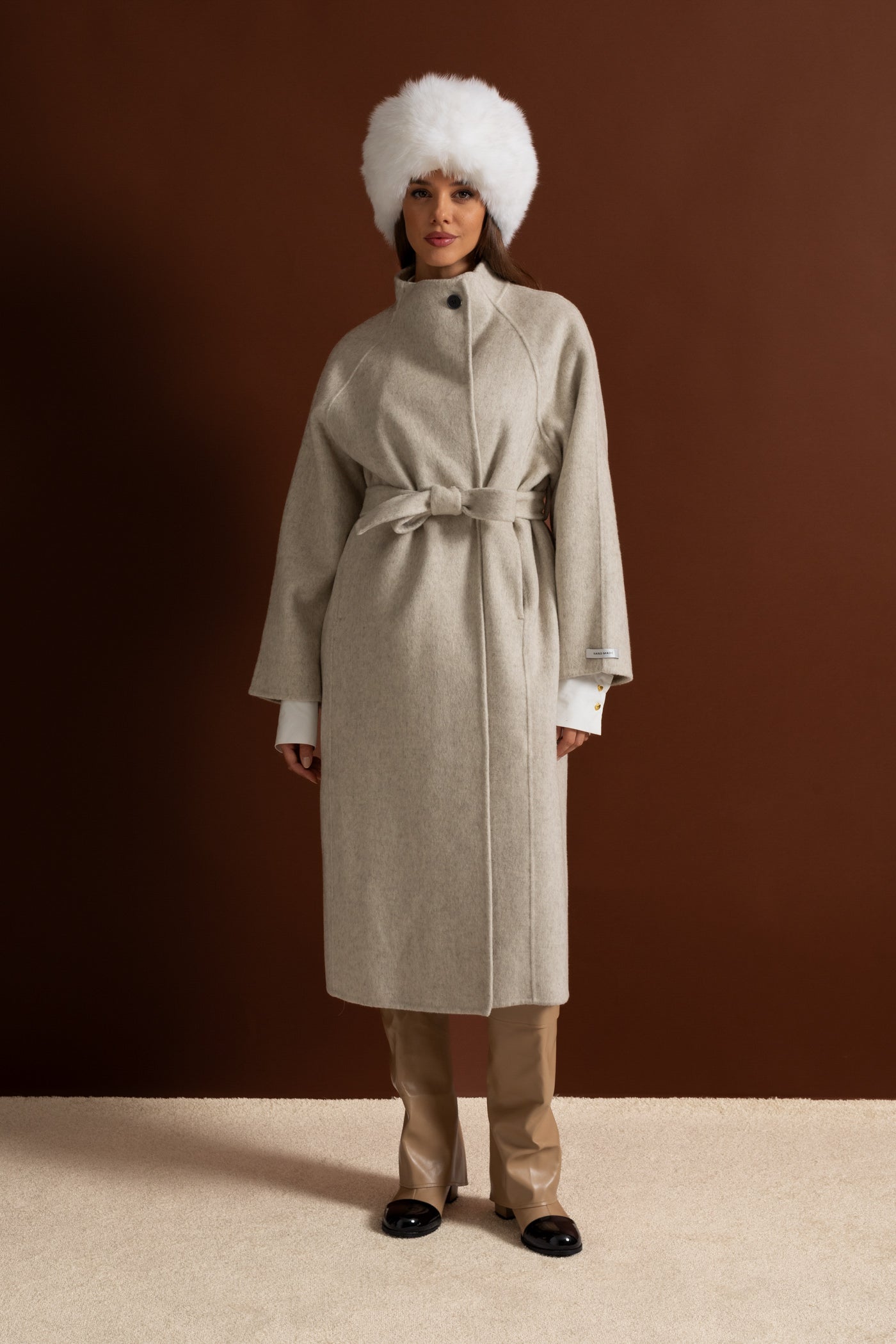 Midi Coat | Women | High Neck | Belted | Beige | Winter Overcoat | Steven & Levon