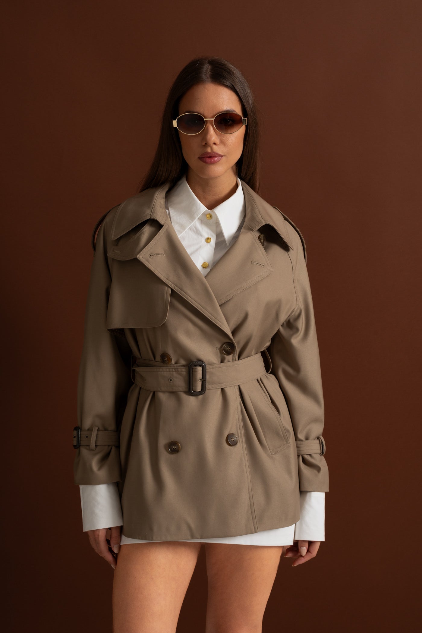 Women's Double Breasted Trench Coat | Khaki | Belted Waist | Classic Long Coat | Steven & Levon
