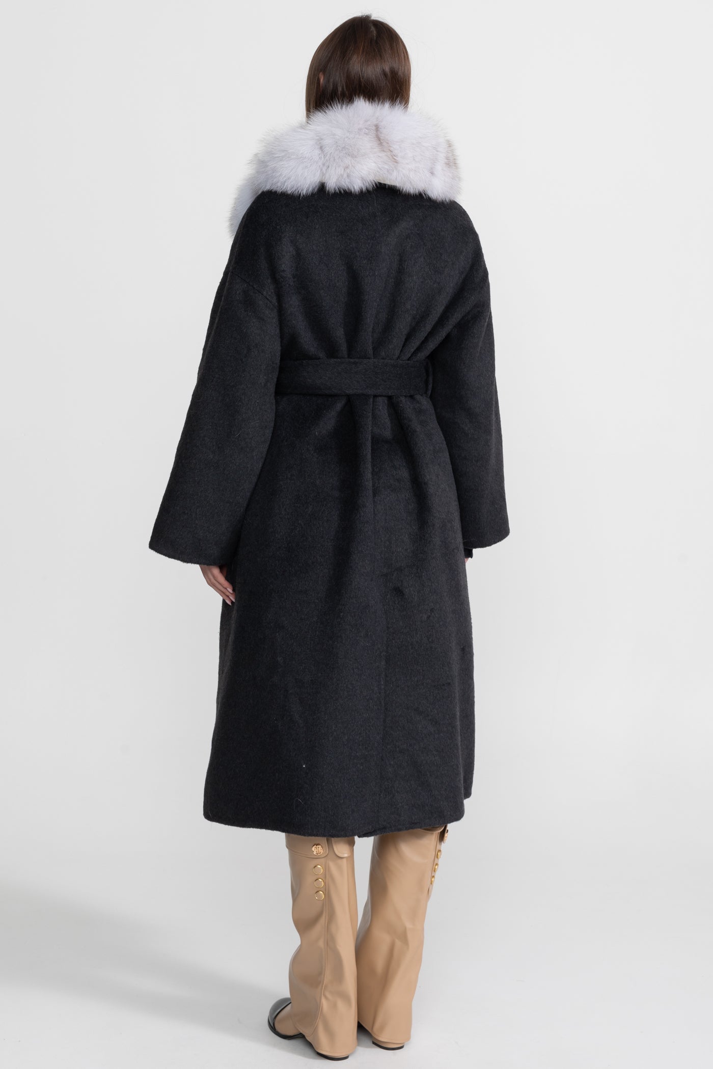 Wool Wrap Coat | Women's Wool Blend Coat | Fox Fur Collar, Tie Belt, Black & Grey Winter Outerwear | Steven & Levon