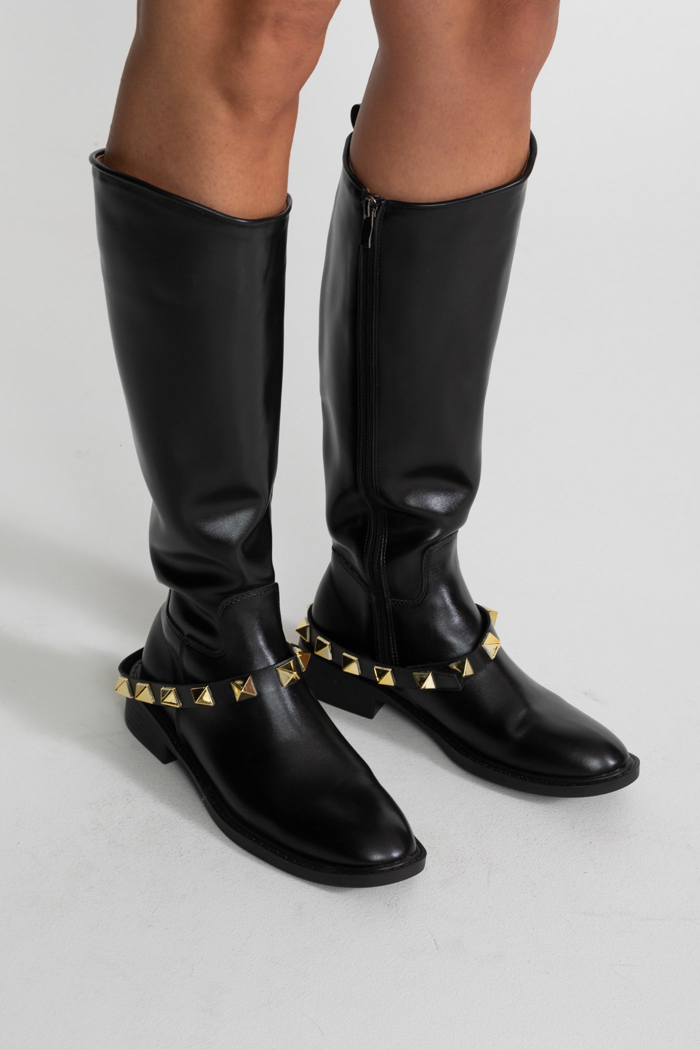 Knee High Boots | Women | Gold Stud Strap | Black | Steven & Levon