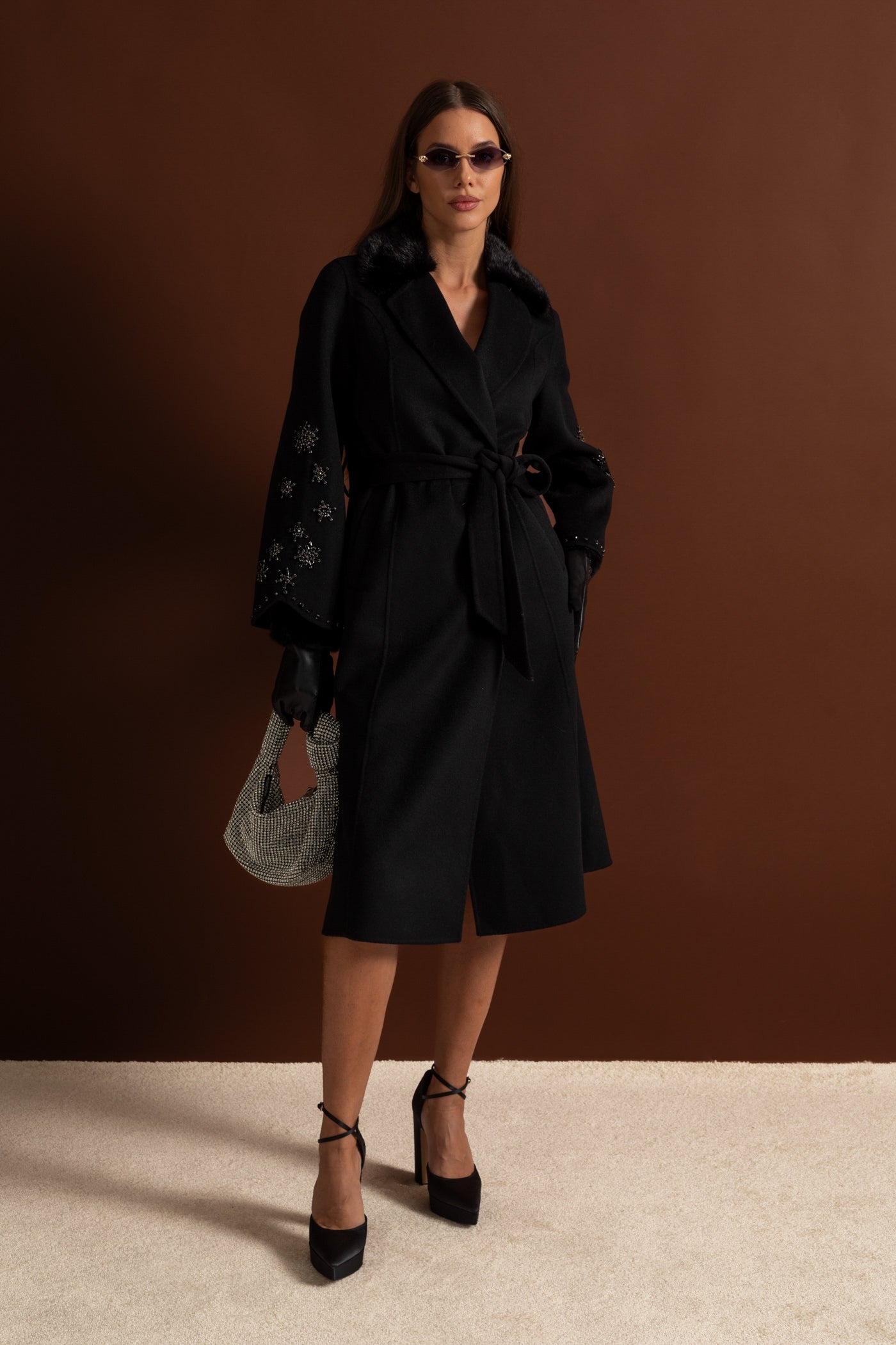 Women's Wool & Cashmere Overcoat | Fox Fur Collar | Crystal Embellished Sleeves, Black, Belted Wrap Coat | Steven & Levon