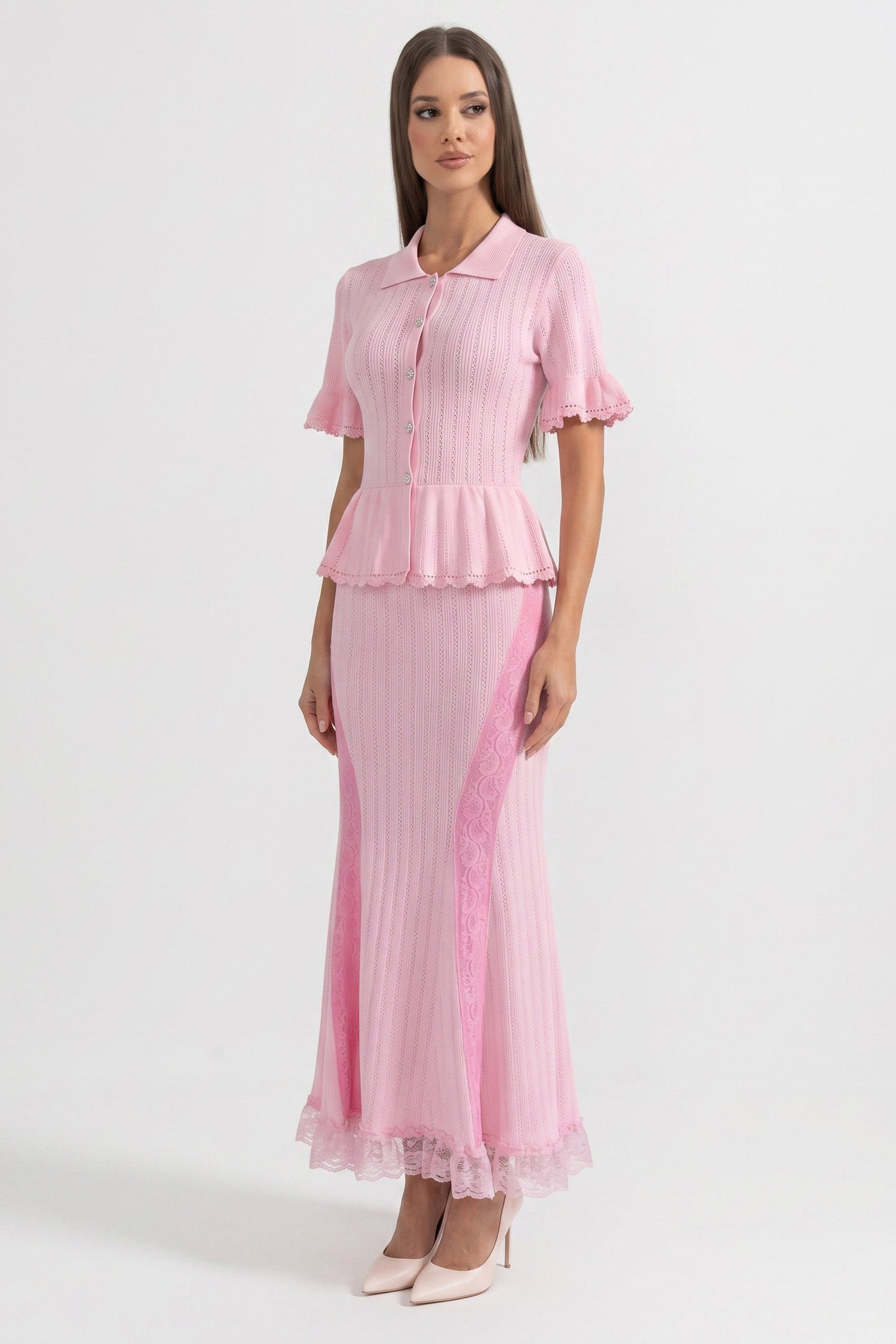 Peter Pan Collar Knit Maxi Dress | Women's Peplum Knit Dress | Lace Hem | Pink | Long Sleeve Elegant Dress | Steven & Levon