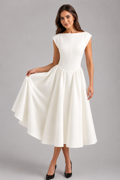 Cap Sleeve Fit and Flare Midi Dress | Women | Elegant Round Neck | Flared Skirt Occasion Dress | Steven & Levon