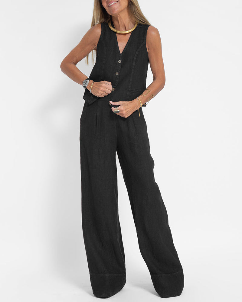 Linen 2-Piece Set | Women | Linen | Wide-Leg Trousers | Button Vest | Steven & Levon