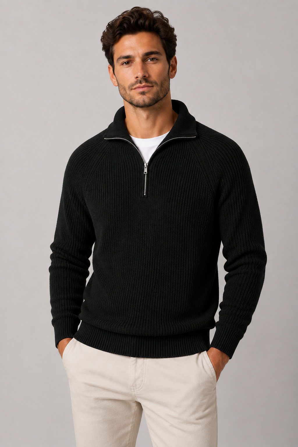 Men's Quarter Zip Ribbed Knit Sweater | Mock Neck | Long Sleeve | Warm Pullover | Steven & Levon