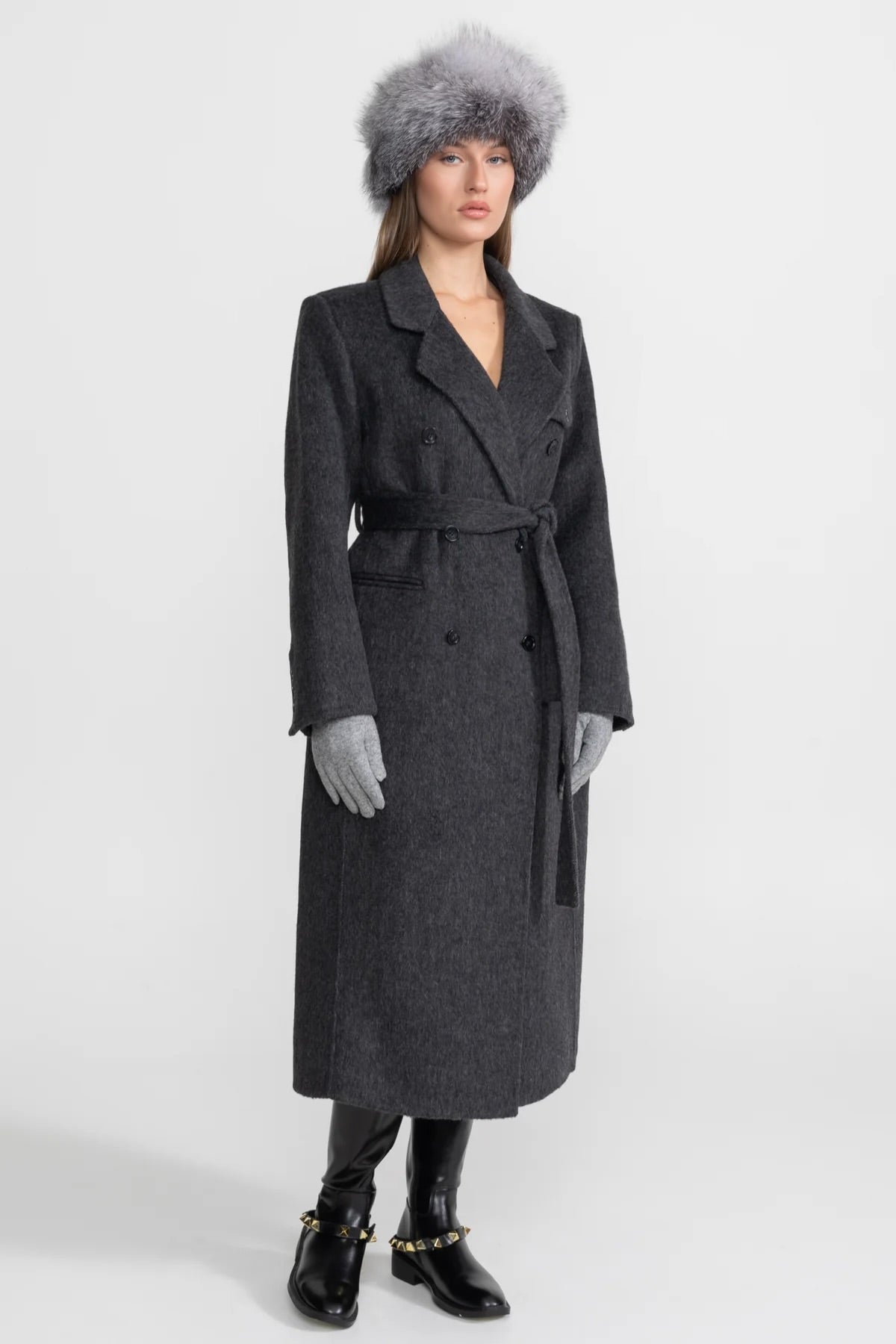 Wool Coat | Women | Double-Breasted | Waist Belt | Charcoal Grey | Winter Overcoat | Steven & Levon