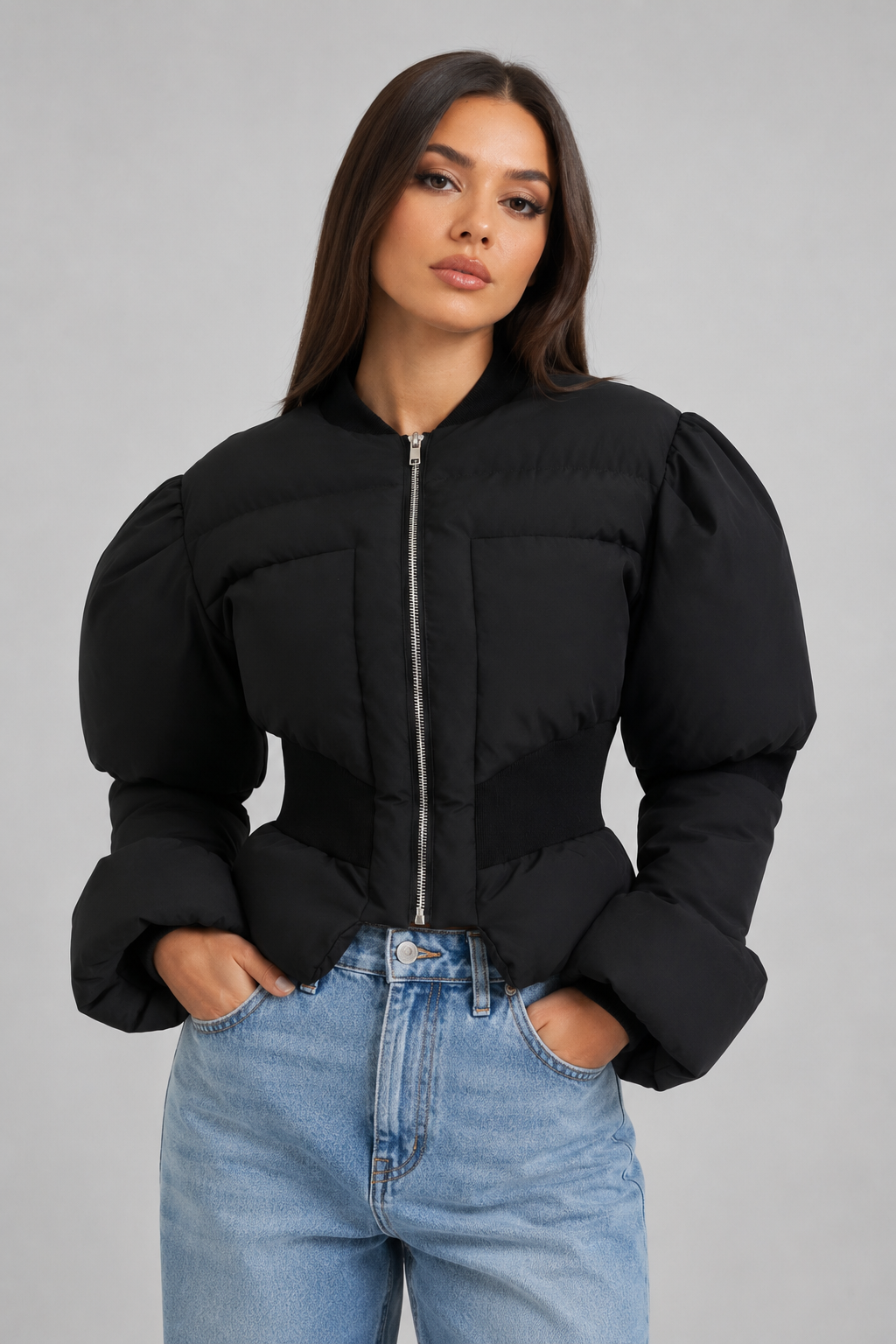 Women's Cropped Puffer Jacket | Fitted Waist | Black Quilted Winter Coat | Insulated | Steven & Levon