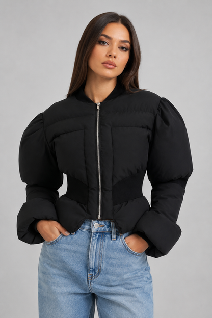 Women's Cropped Puffer Jacket | Fitted Waist | Black Quilted Winter Coat | Insulated | Steven & Levon