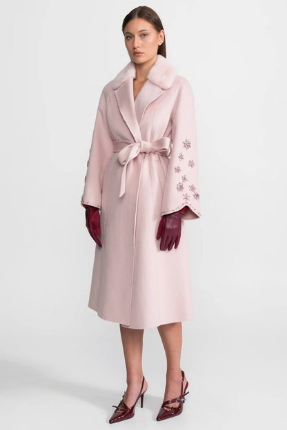Women's Wool & Cashmere Overcoat | Fox Fur Collar | Crystal Embellished Sleeves, Pink, Belted Wrap Coat | Steven & Levon