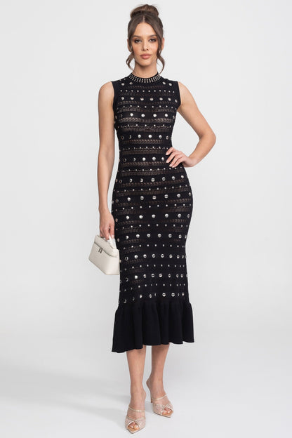 Embellished Knit Midi Dress | Women's High Neck Dress | Crystal Trim | Black | Steven & Levon