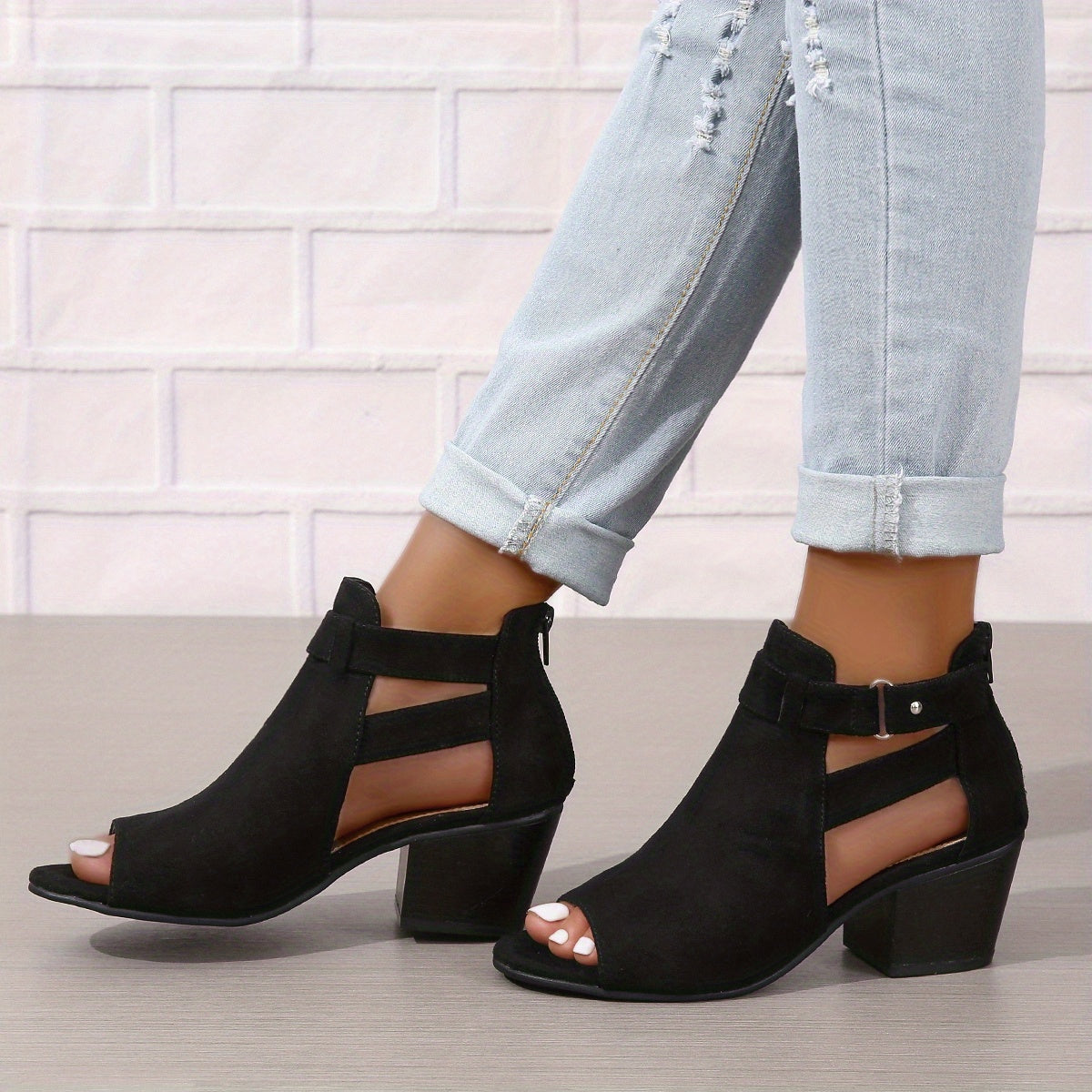 Elegant Peep-Toe Block Heel Sandals | Buckle Ankle Strap & Cut-Out Design | Steven & Levon