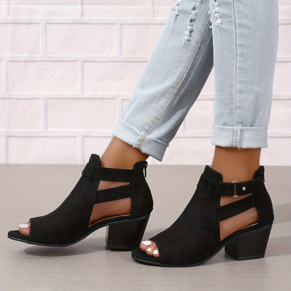 Elegant Peep-Toe Block Heel Sandals | Buckle Ankle Strap & Cut-Out Design | Steven & Levon