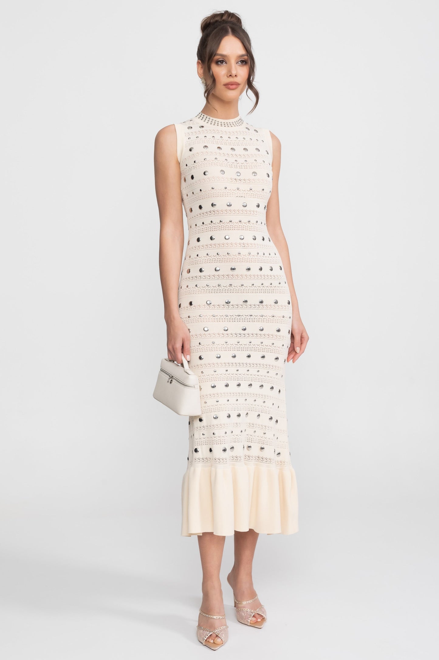 Embellished Knit Midi Dress | Women's High Neck Knit Dress | Ruffle Hem | Crystal Embellishments | Cream | Steven & Levon