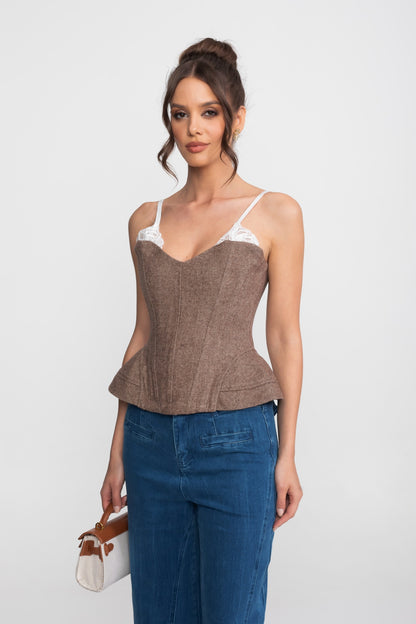 Structured Tweed Corset Top | Women | Lace Straps | Peplum Hem | Brown | Steven & Levon