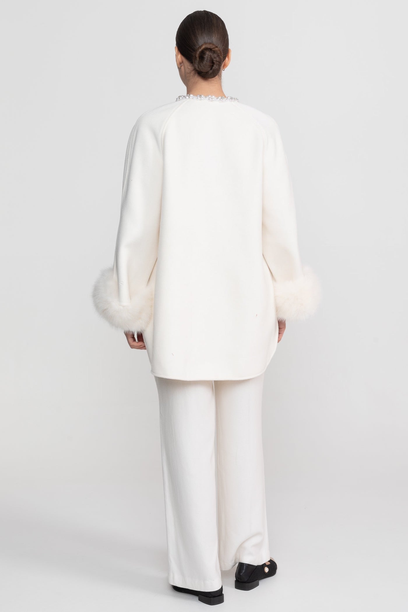 Women's Longline Jacket | Pearl Embellished Neckline | Fox Fur Cuffs | White Coat | Steven & Levon