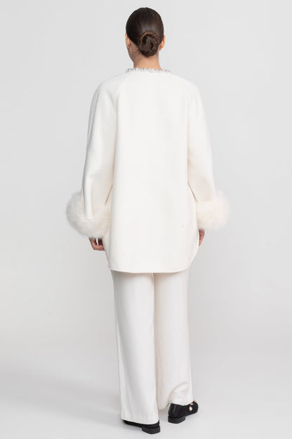 Women's Longline Jacket | Pearl Embellished Neckline | Fox Fur Cuffs | White Coat | Steven & Levon