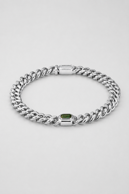 Emerald Cuban Bracelet | Men | Stainless Steel | Silver & Gold | 6mm Emerald Stone | Steven & Levon