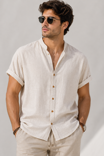 Men's Linen Short Sleeve V-Neck Shirt | Men | Breathable Lightweight | Casual Summer Beach Top | Steven & Levon