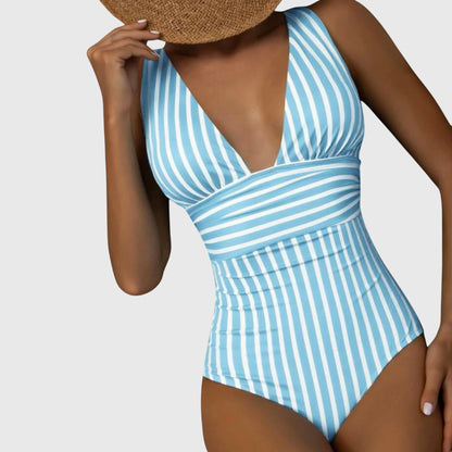 Striped One-Piece Swimsuit | Women | Nylon & Spandex Blend | V-Neck Stretch Fit Swimwear | Steven & Levon