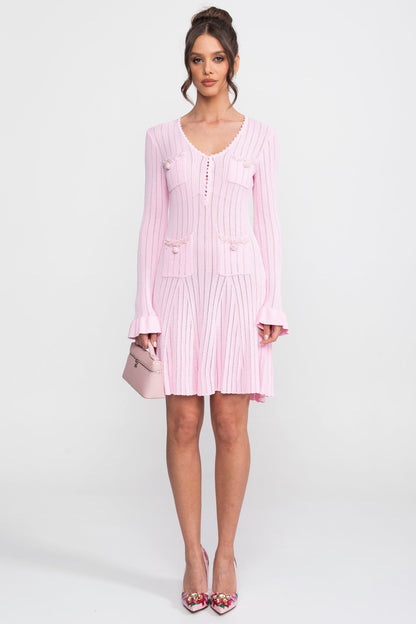 Open Knit Mini Dress | Women | Scallop Neck | Ruffle Cuffs | Pink | Steven & Levon