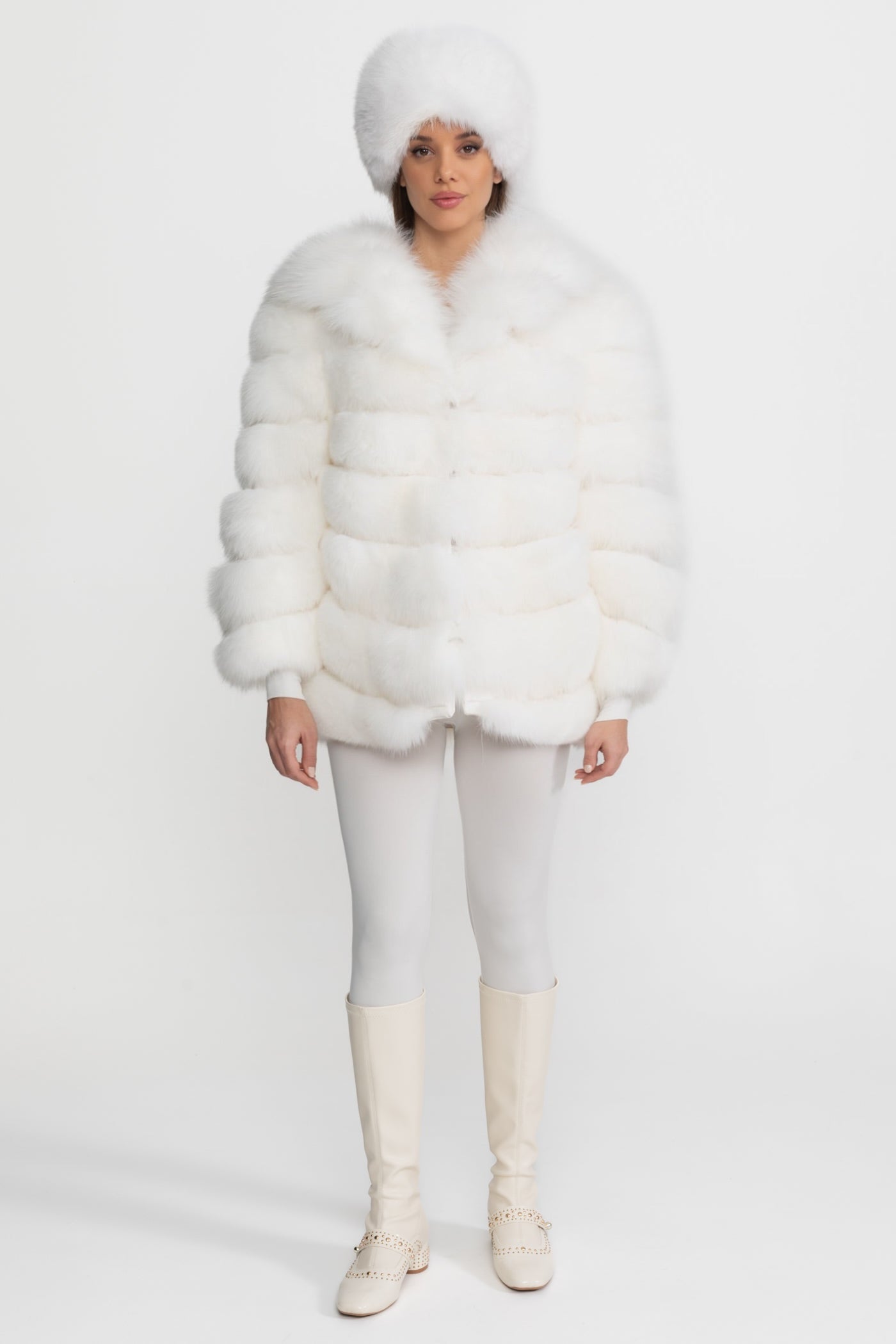 Tiered Fox Fur Jacket | Women's Luxury Fur Coat | Oversized Shawl Collar, White Statement Outerwear | Steven & Levon