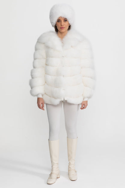 Tiered Fox Fur Jacket | Women's Luxury Fur Coat | Oversized Shawl Collar, White Statement Outerwear | Steven & Levon