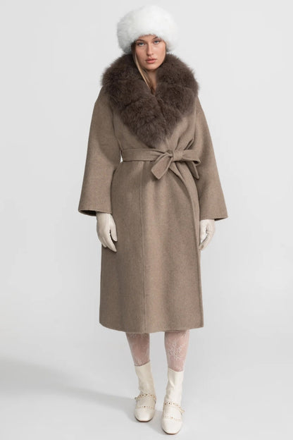 Women's Wool Wrap Coat | Fox Fur Collar | Tie Belt | Khaki Winter Coat | Luxury | Steven & Levon