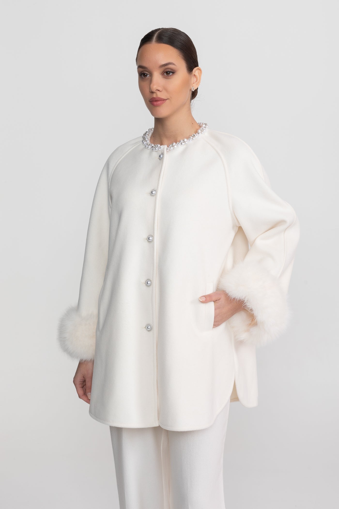 Women's Longline Jacket | Pearl Embellished Neckline | Fox Fur Cuffs | White Coat | Steven & Levon