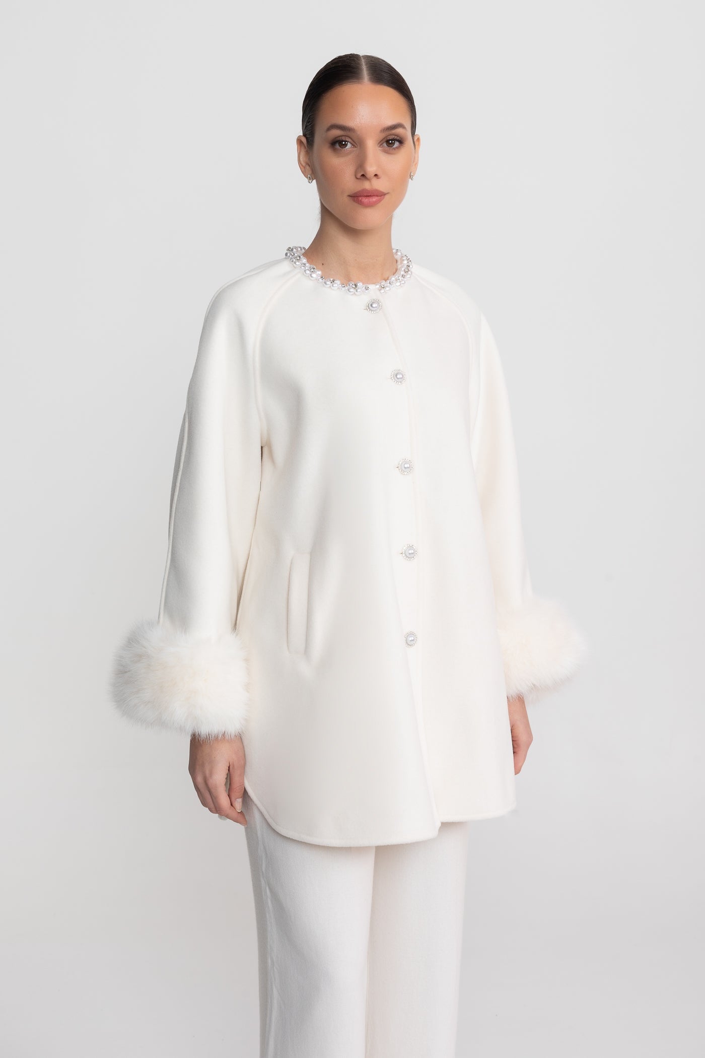 Women's Longline Jacket | Pearl Embellished Neckline | Fox Fur Cuffs | White Coat | Steven & Levon
