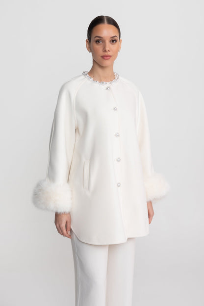 Women's Longline Jacket | Pearl Embellished Neckline | Fox Fur Cuffs | White Coat | Steven & Levon
