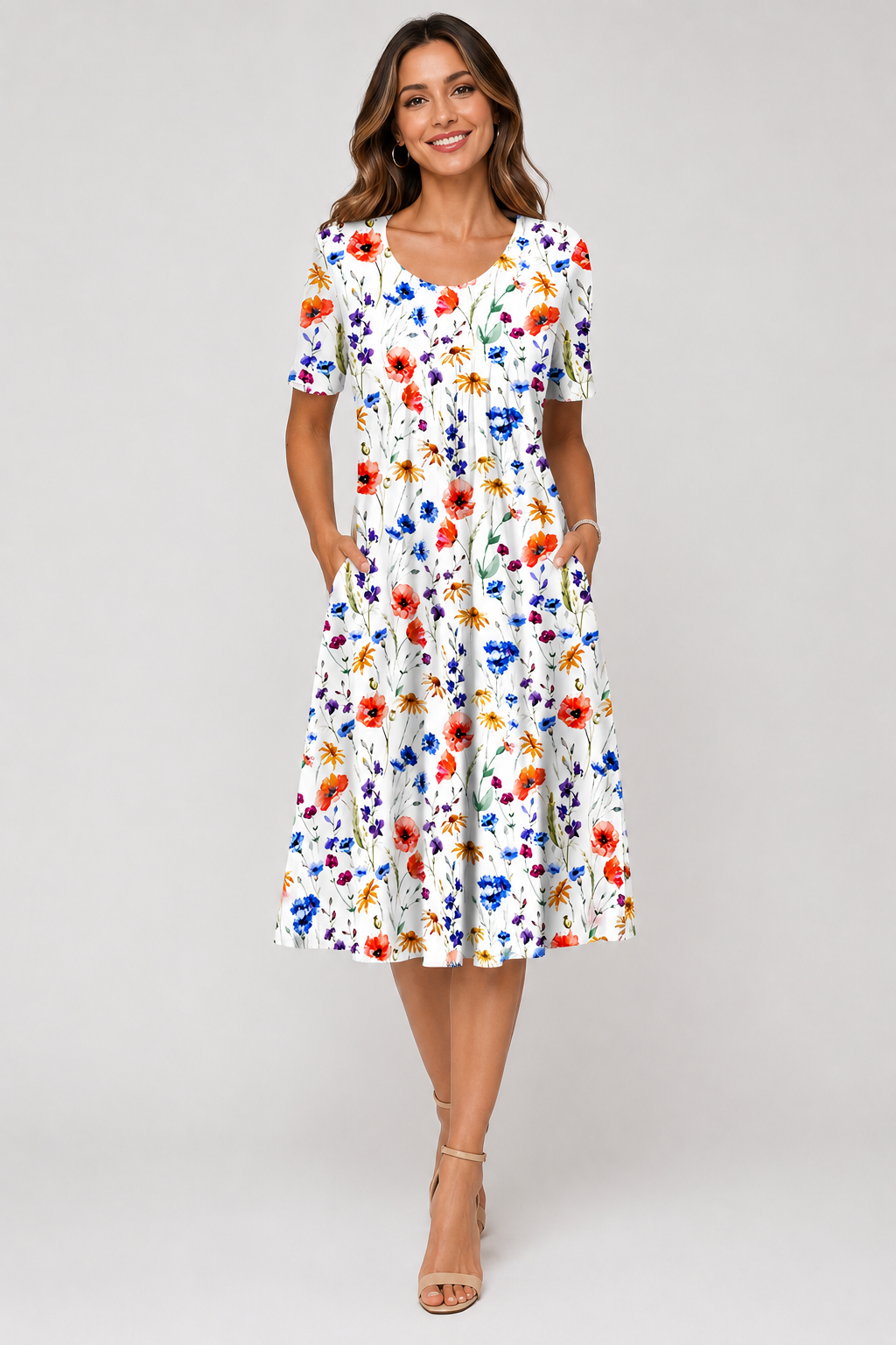 Summer Floral Midi Dress | Women | Lightweight Fabric | V-Neck Button Front Short Sleeve with Pockets | Steven & Levon