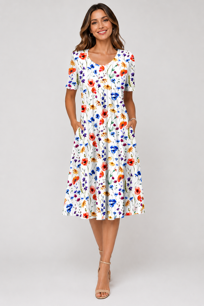 Summer Floral Midi Dress | Women | Lightweight Fabric | V-Neck Button Front Short Sleeve with Pockets | Steven & Levon