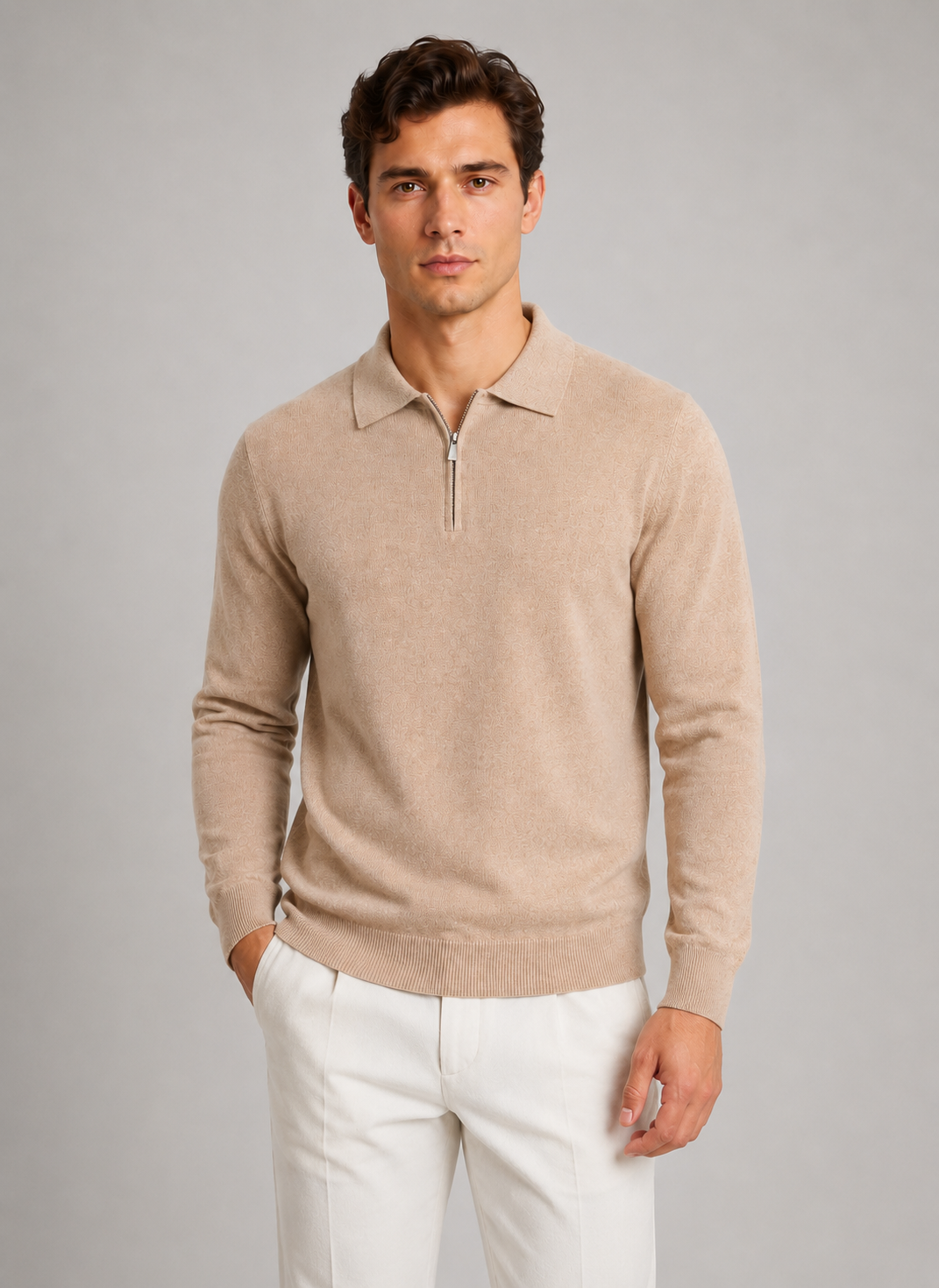 Men's Quarter Zip Knitted Polo | Long Sleeve | Soft Knit | Smart Casual Sweater | Steven & Levon