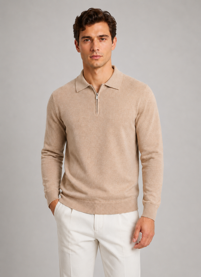 Men's Quarter Zip Knitted Polo | Long Sleeve | Soft Knit | Smart Casual Sweater | Steven & Levon