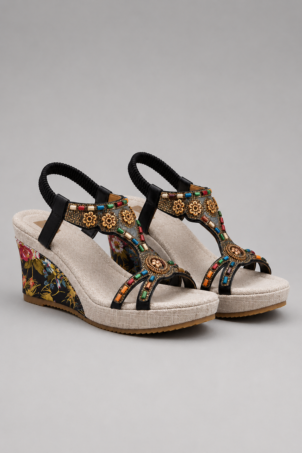Women's Boho Platform Wedge Sandals | Beaded T-Strap | Open Toe Comfort Shoes | Embroidered  | Steven & Levon