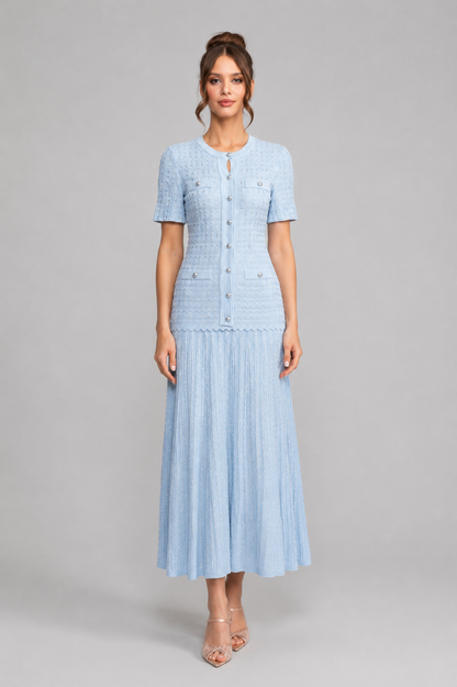 Short Sleeve Midi Dress | Women | Shimmer Knit Texture | Light Blue | Lightweight Elegant Dress | Steven & Levon
