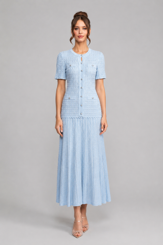 Short Sleeve Midi Dress | Women | Shimmer Knit Texture | Light Blue | Lightweight Elegant Dress | Steven & Levon