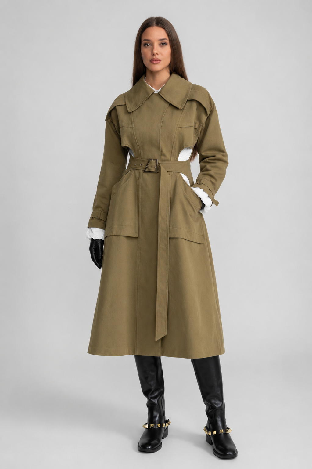 Women's Double Breasted Mid Length Trench Coat | Khaki | Belted Waist | Steven & Levon