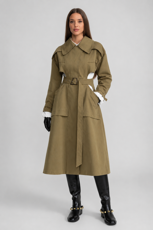 Women's Double Breasted Mid Length Trench Coat | Khaki | Belted Waist | Steven & Levon