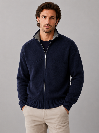 Men's Full Zip Knit Cardigan | Stand Collar | Soft Knit Sweater | Long Sleeve | Smart Casual | Steven & Levon