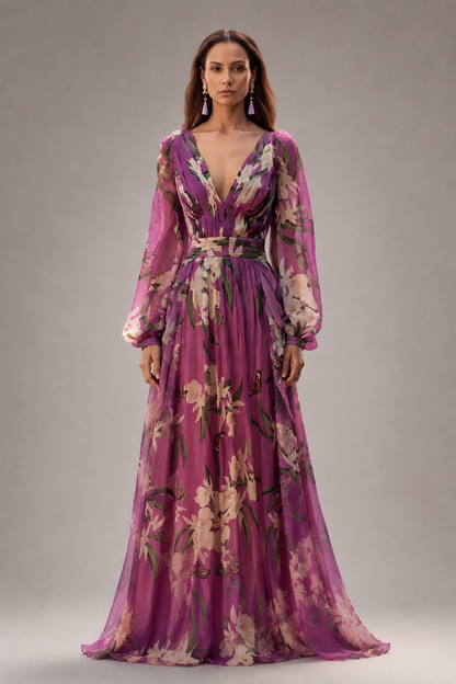 Floral Maxi Dress | Long Sleeve V-Neck | Flowy Wedding Guest Dress | Steven & Levon