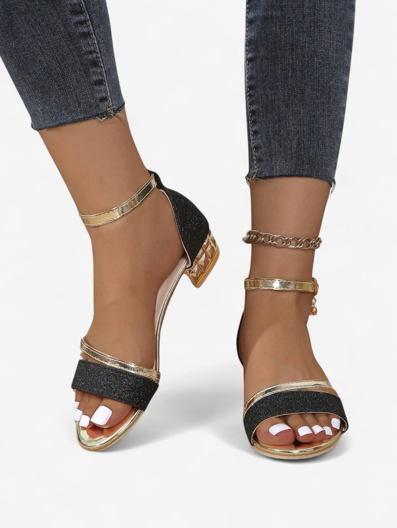 Elegant Glitter Ankle Strap Sandals | Women | Shimmer Synthetic | Low Block Heel Dress Shoes | Steven & Levon