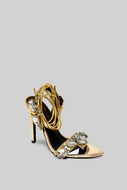 Leather Rhinestone High Heels | Women | Pointed Toe | Gold | Party & Evening Shoes | Steven & Levon