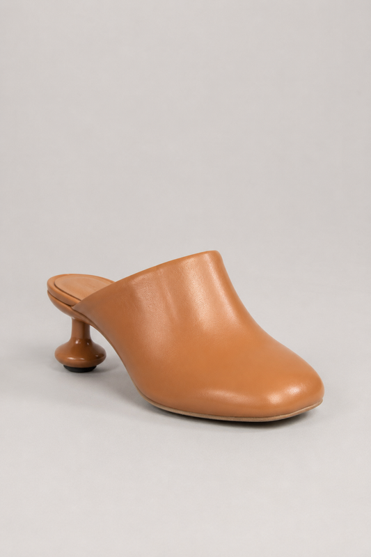Sculptural Heel Mules | Women | Rounded Square Toe | Camel | Modern Slip-On Shoes | Steven & Levon