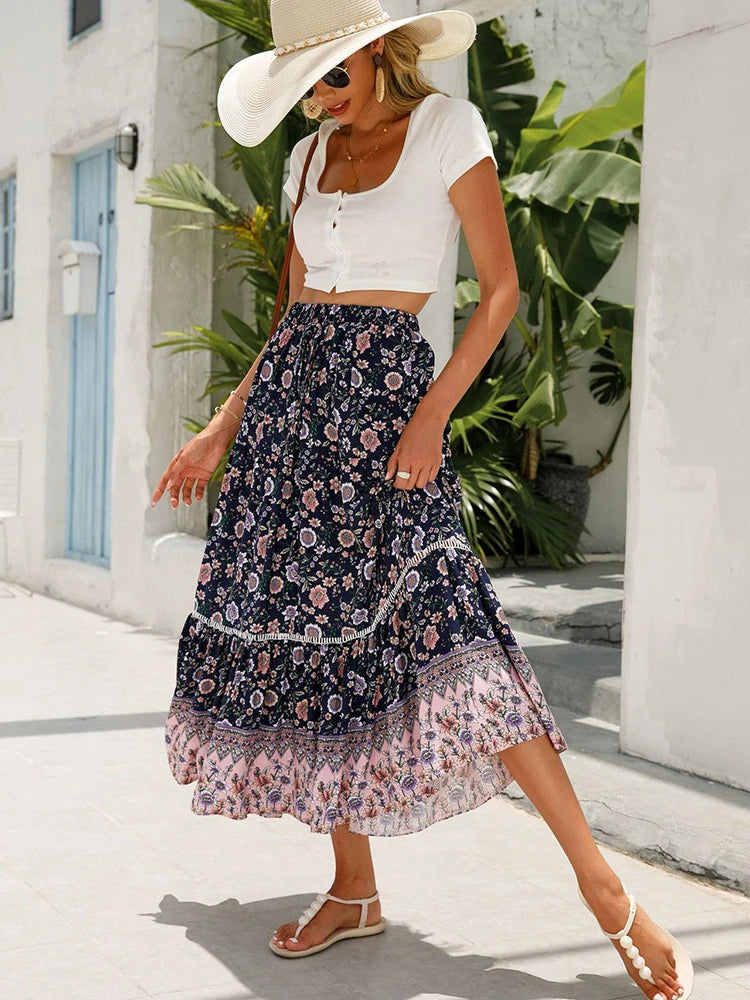 Elegant Floral Maxi Skirt | Women | Elastic Waist | Flowy A-Line | Boho Everyday Skirt | Steven & Levon