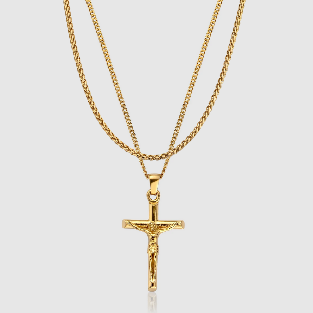 Gold Crucifix Pendant Set | Men | Stainless Steel | Religious Design | Necklace Set | Steven & Levon